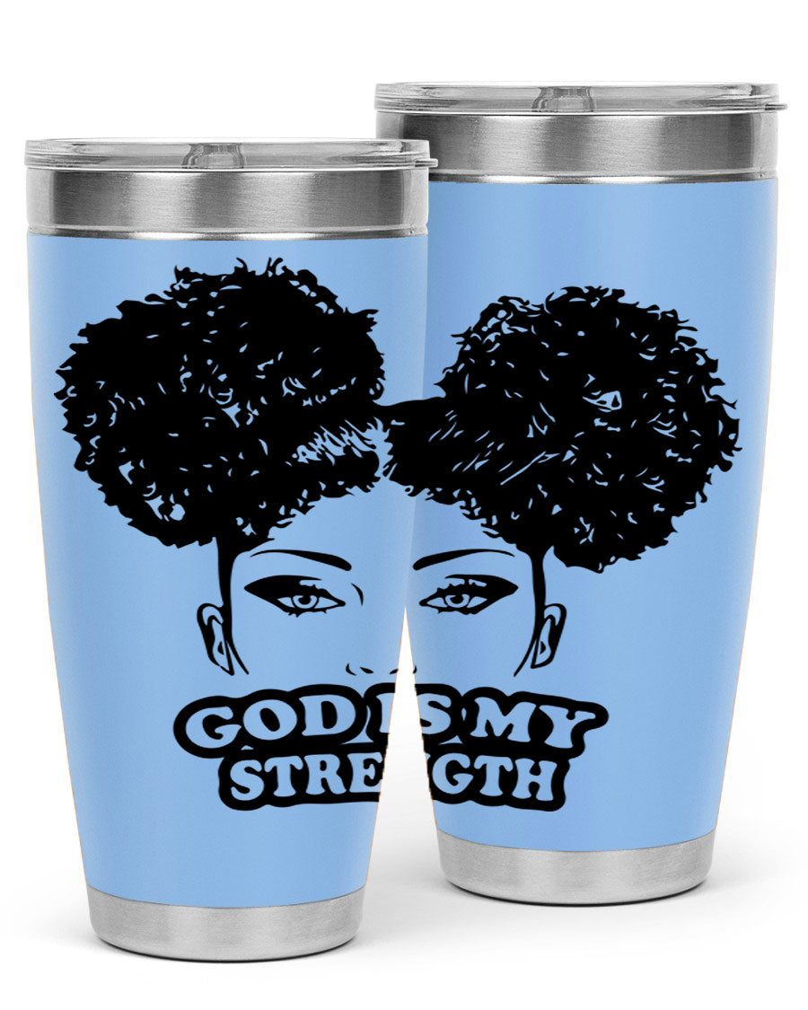 A stylish 'God is My Strength' tumbler in stainless steel, featuring a vibrant design, double wall vacuum insulation, and a convenient drink-thru lid.