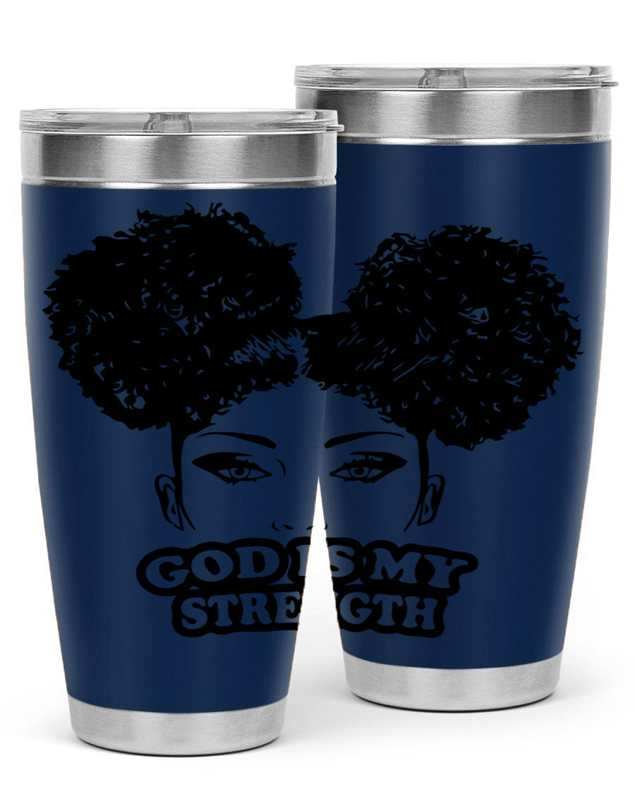 A stylish 'God is My Strength' tumbler in stainless steel, featuring a vibrant design, double wall vacuum insulation, and a convenient drink-thru lid.