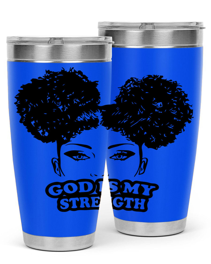 A stylish 'God is My Strength' tumbler in stainless steel, featuring a vibrant design, double wall vacuum insulation, and a convenient drink-thru lid.