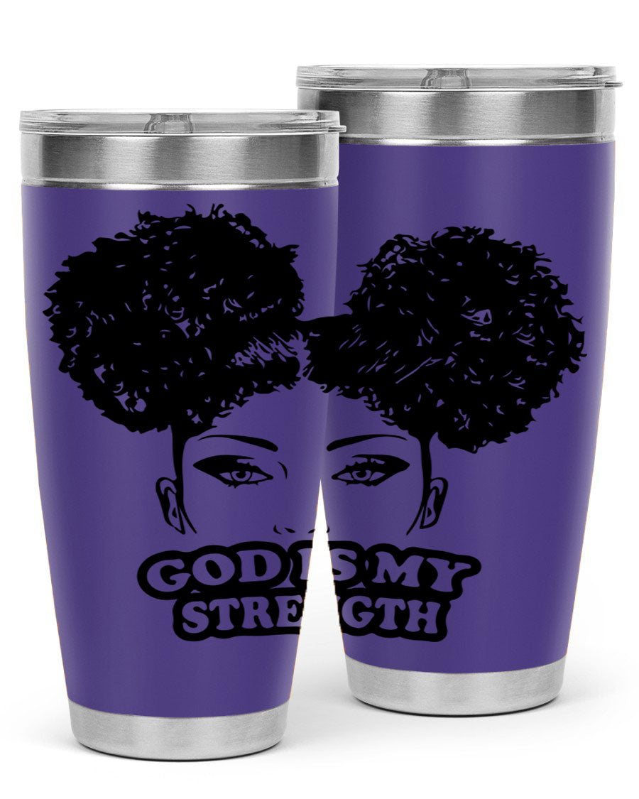 A stylish 'God is My Strength' tumbler in stainless steel, featuring a vibrant design, double wall vacuum insulation, and a convenient drink-thru lid.