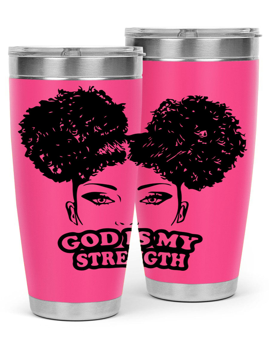 A stylish 'God is My Strength' tumbler in stainless steel, featuring a vibrant design, double wall vacuum insulation, and a convenient drink-thru lid.