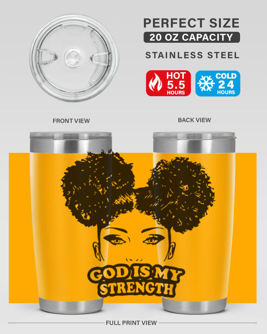A stylish 'God is My Strength' tumbler in stainless steel, featuring a vibrant design, double wall vacuum insulation, and a convenient drink-thru lid.