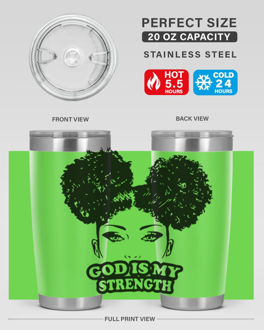 A stylish 'God is My Strength' tumbler in stainless steel, featuring a vibrant design, double wall vacuum insulation, and a convenient drink-thru lid.