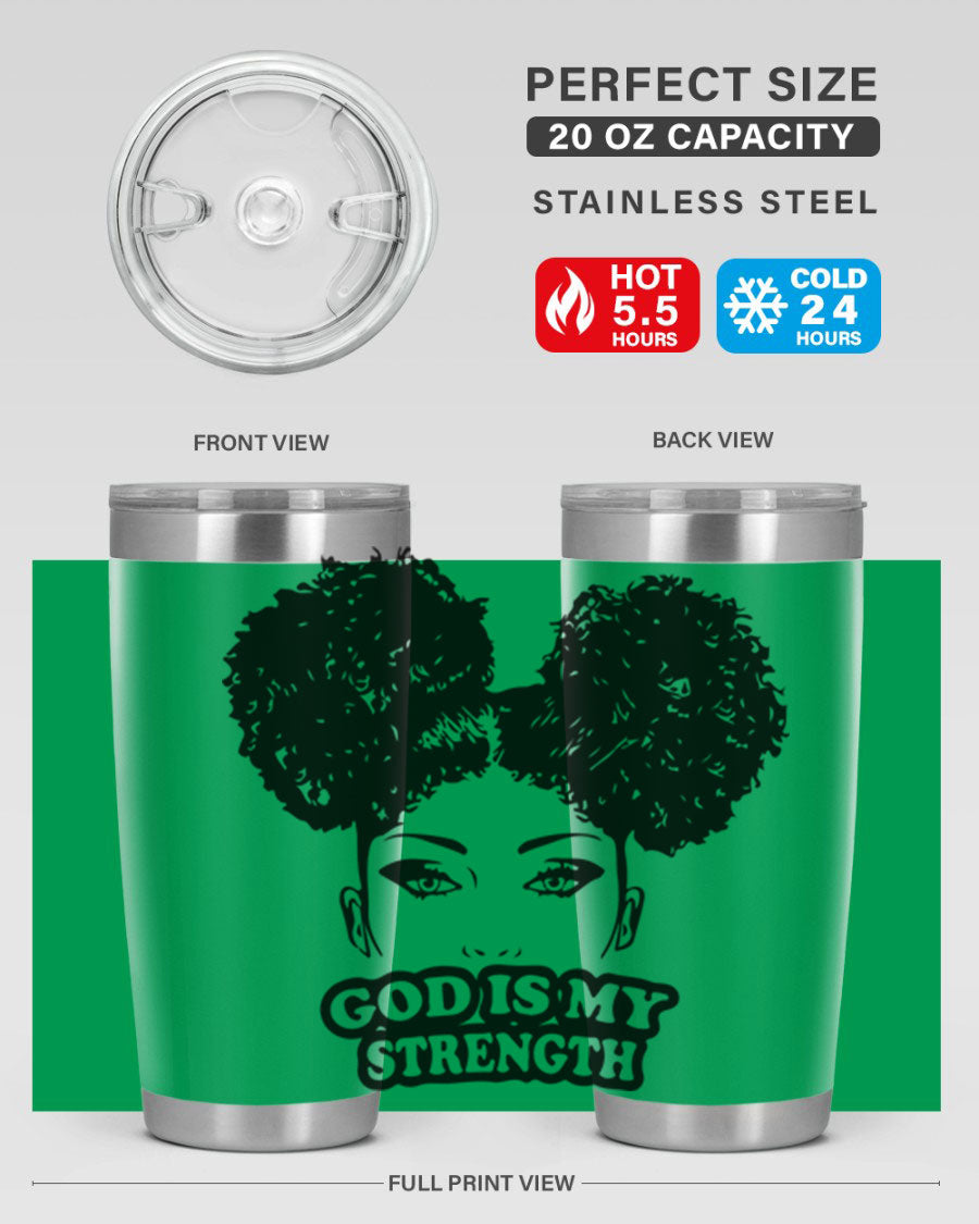 A stylish 'God is My Strength' tumbler in stainless steel, featuring a vibrant design, double wall vacuum insulation, and a convenient drink-thru lid.