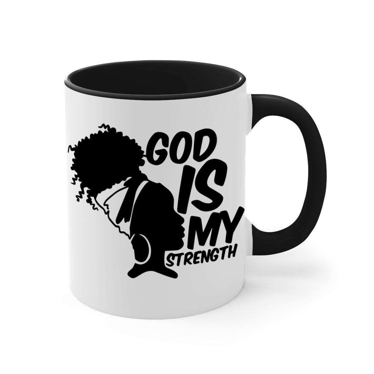 A stylish two-tone ceramic mug with the phrase 'God is My Strength' in black letters, featuring a colored handle and glossy finish.