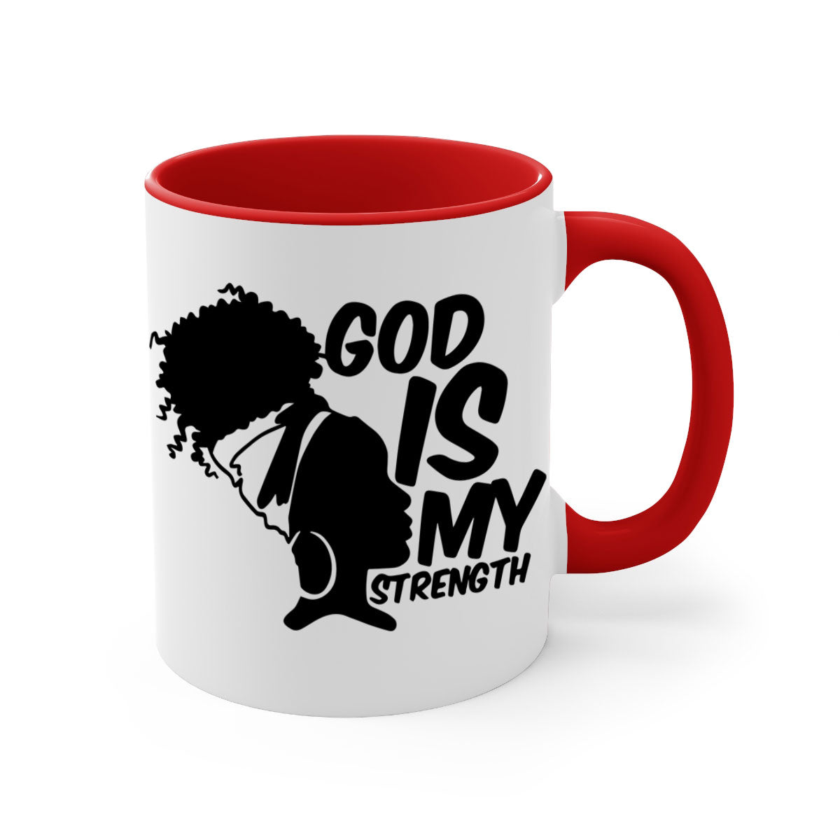 A stylish two-tone ceramic mug with the phrase 'God is My Strength' in black letters, featuring a colored handle and glossy finish.