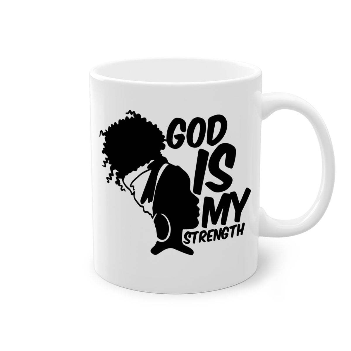 A stylish two-tone ceramic mug with the phrase 'God is My Strength' in black letters, featuring a colored handle and glossy finish.