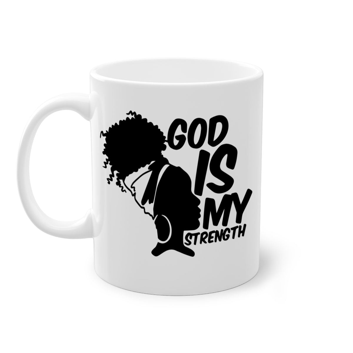 A stylish two-tone ceramic mug with the phrase 'God is My Strength' in black letters, featuring a colored handle and glossy finish.