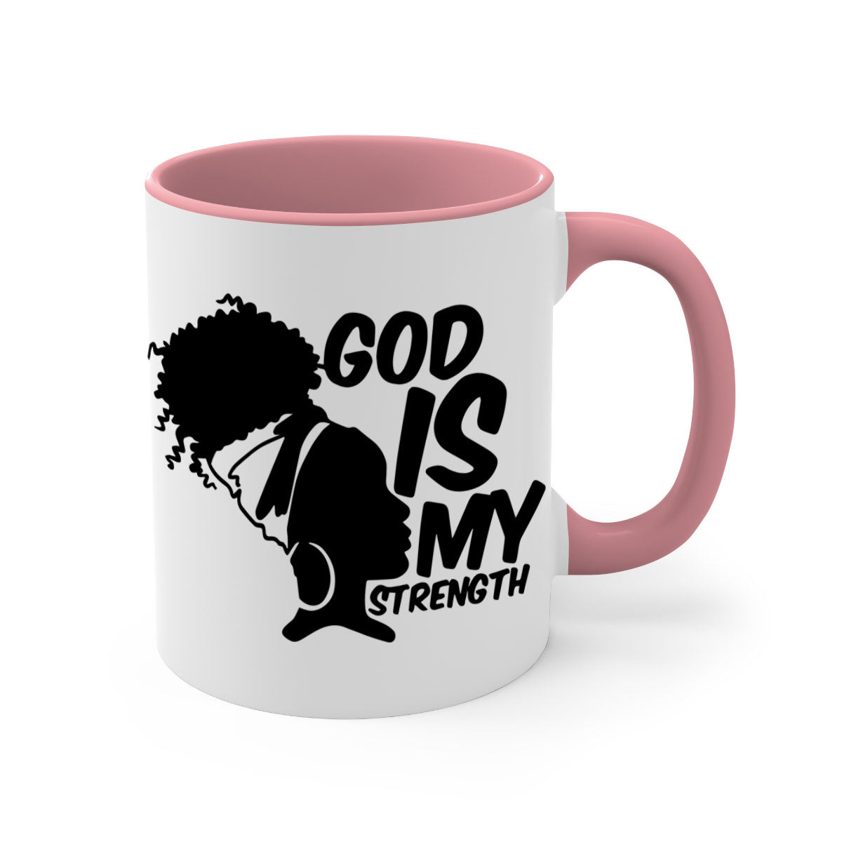 A stylish two-tone ceramic mug with the phrase 'God is My Strength' in black letters, featuring a colored handle and glossy finish.