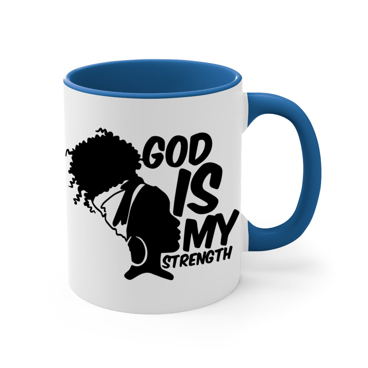 A stylish two-tone ceramic mug with the phrase 'God is My Strength' in black letters, featuring a colored handle and glossy finish.