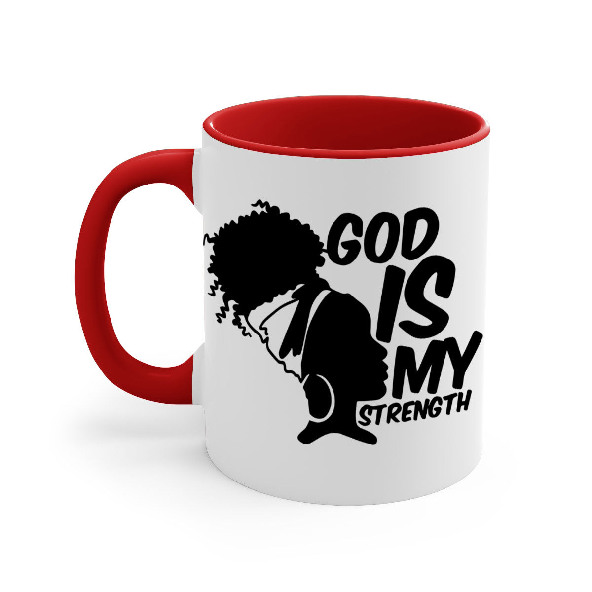 A stylish two-tone ceramic mug with the phrase 'God is My Strength' in black letters, featuring a colored handle and glossy finish.