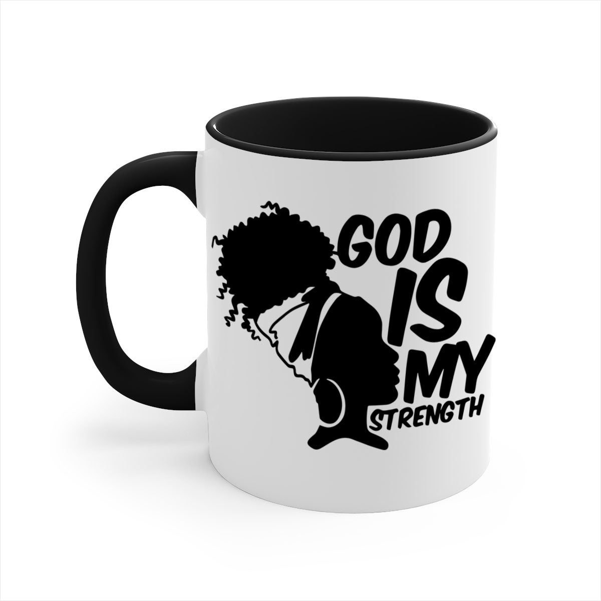 A stylish two-tone ceramic mug with the phrase 'God is My Strength' in black letters, featuring a colored handle and glossy finish.