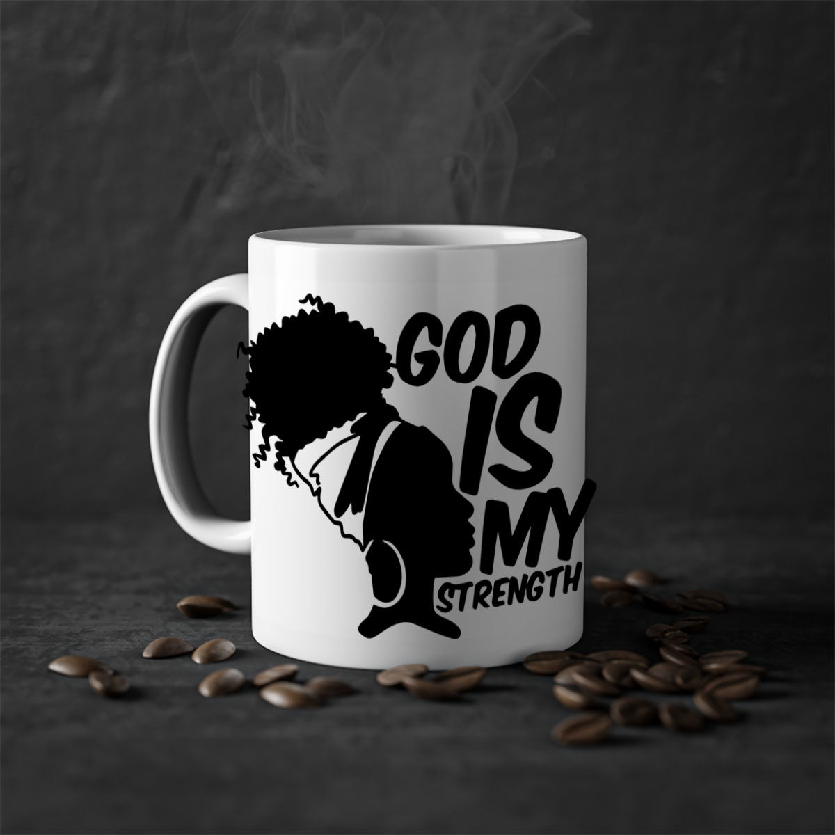 A stylish two-tone ceramic mug with the phrase 'God is My Strength' in black letters, featuring a colored handle and glossy finish.