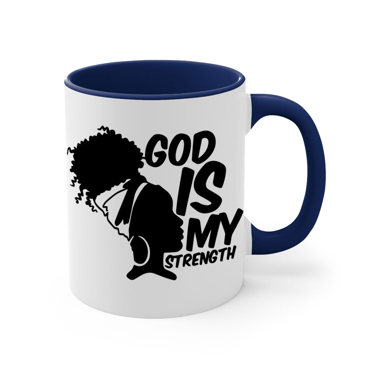 A stylish two-tone ceramic mug with the phrase 'God is My Strength' in black letters, featuring a colored handle and glossy finish.