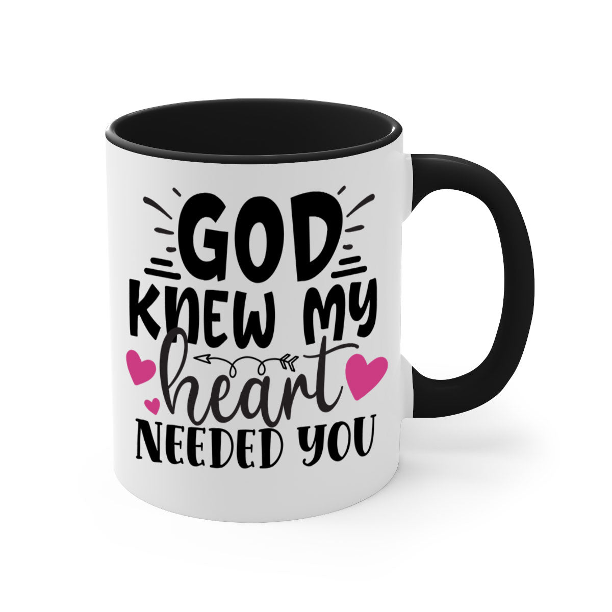 Two-tone ceramic mug with colored handle and glossy finish, featuring the phrase 'God Knew My Heart Needed You'.