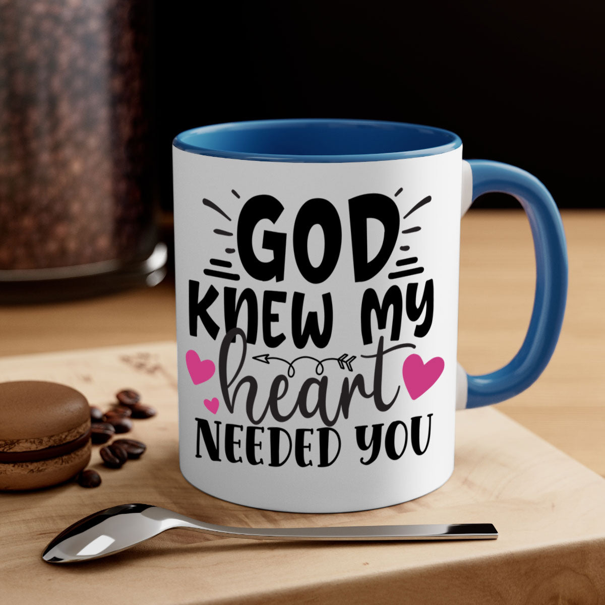 Two-tone ceramic mug with colored handle and glossy finish, featuring the phrase 'God Knew My Heart Needed You'.