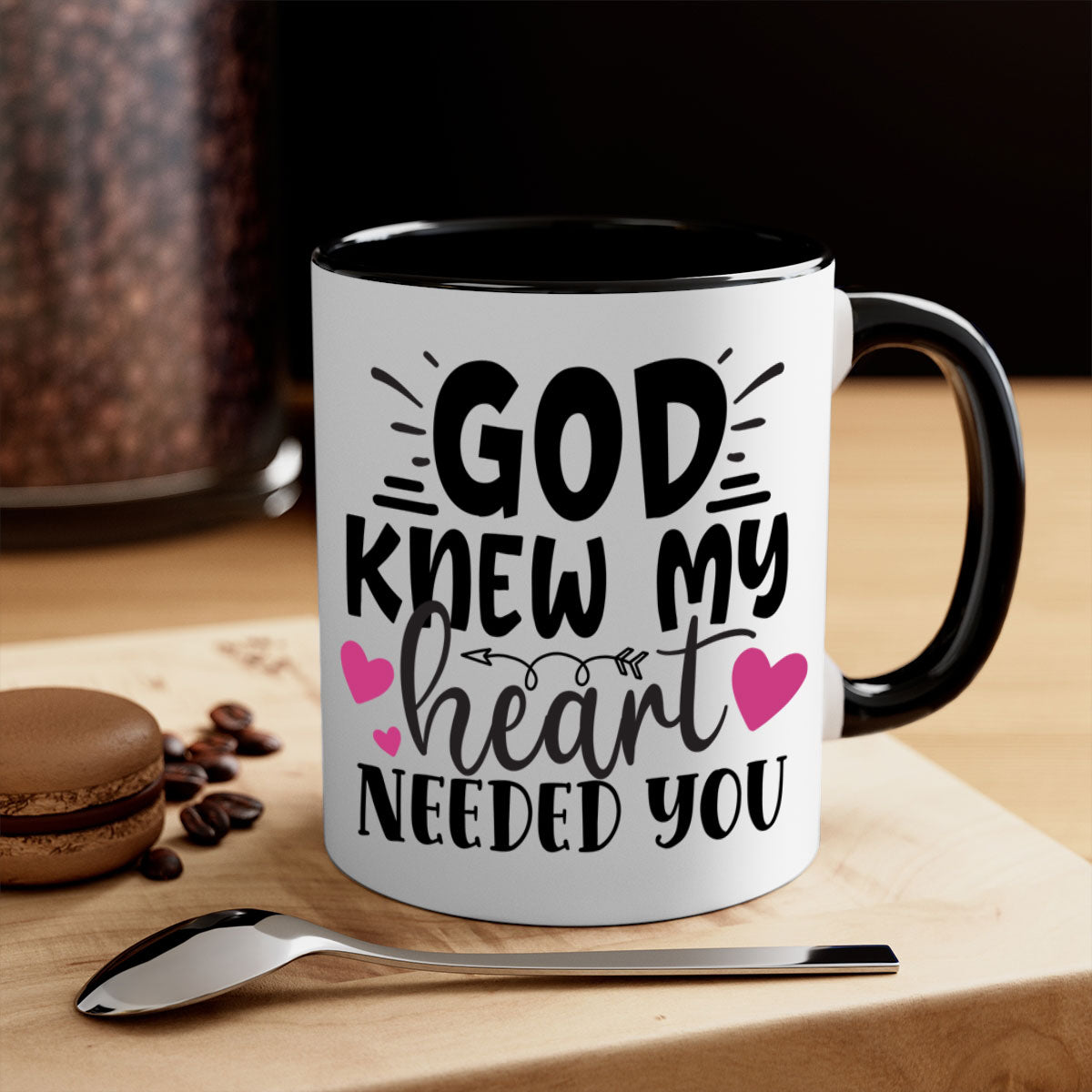 Two-tone ceramic mug with colored handle and glossy finish, featuring the phrase 'God Knew My Heart Needed You'.