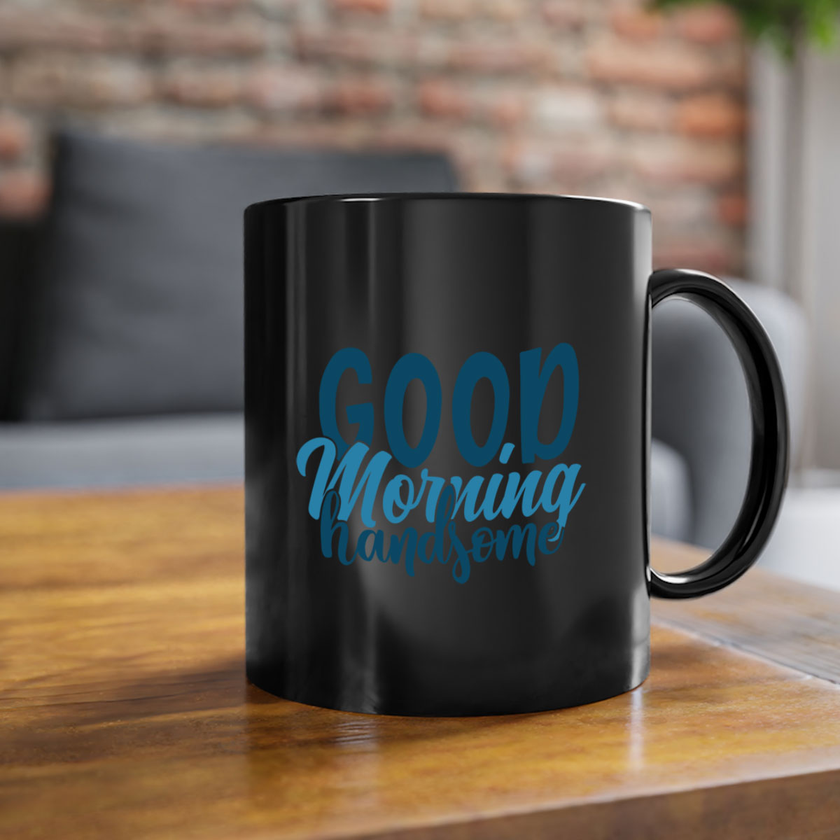 Good Morning Handsome Mug with a glossy finish and colorful handle, available in multiple sizes.