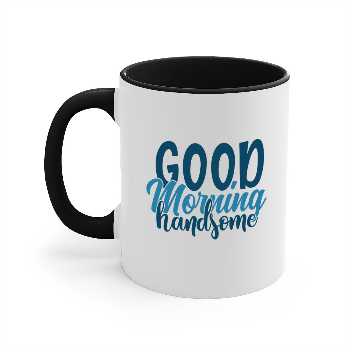 Good Morning Handsome Mug with a glossy finish and colorful handle, available in multiple sizes.
