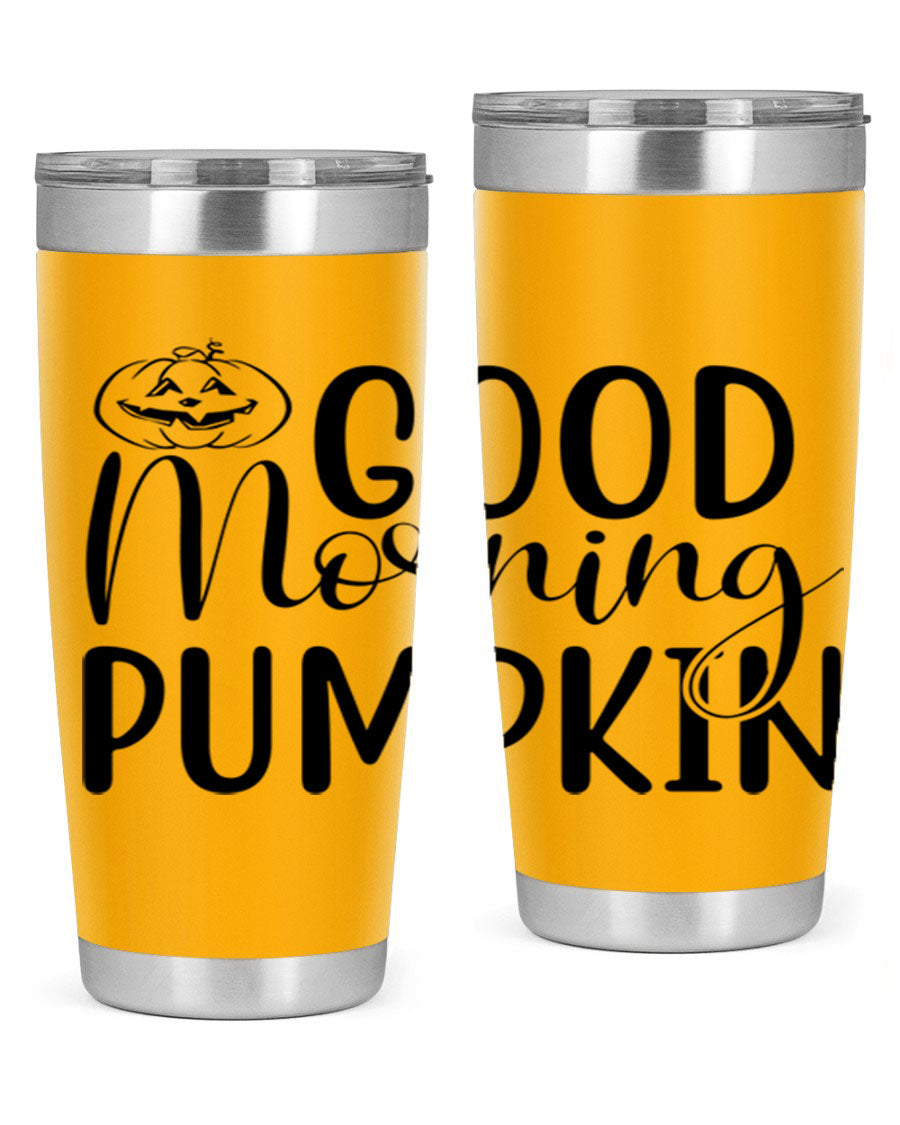 Good Morning Pumpkin 20oz Tumbler featuring a stylish design with double wall vacuum stainless steel and a drink-thru lid, perfect for fall beverages.