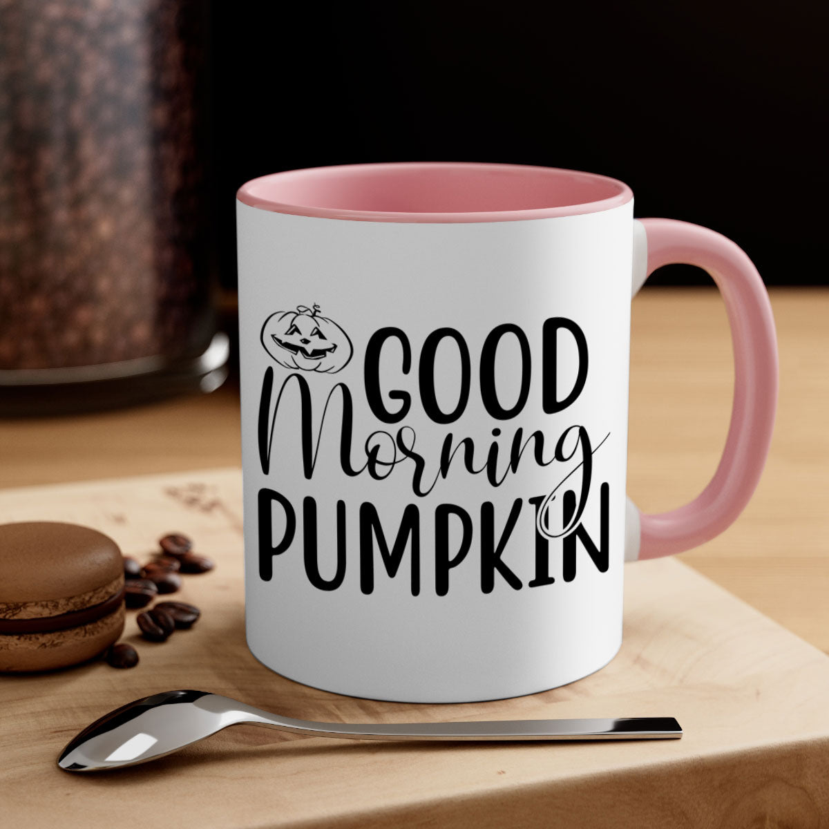 Good Morning Pumpkin 207# Mug with a glossy finish, featuring a colored handle and interior, available in five vibrant colors.