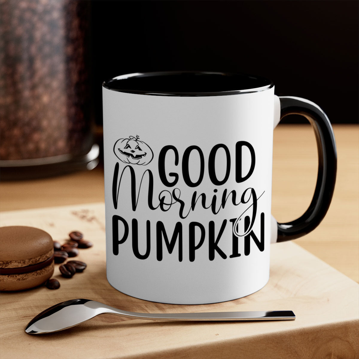 Good Morning Pumpkin 207# Mug with a glossy finish, featuring a colored handle and interior, available in five vibrant colors.