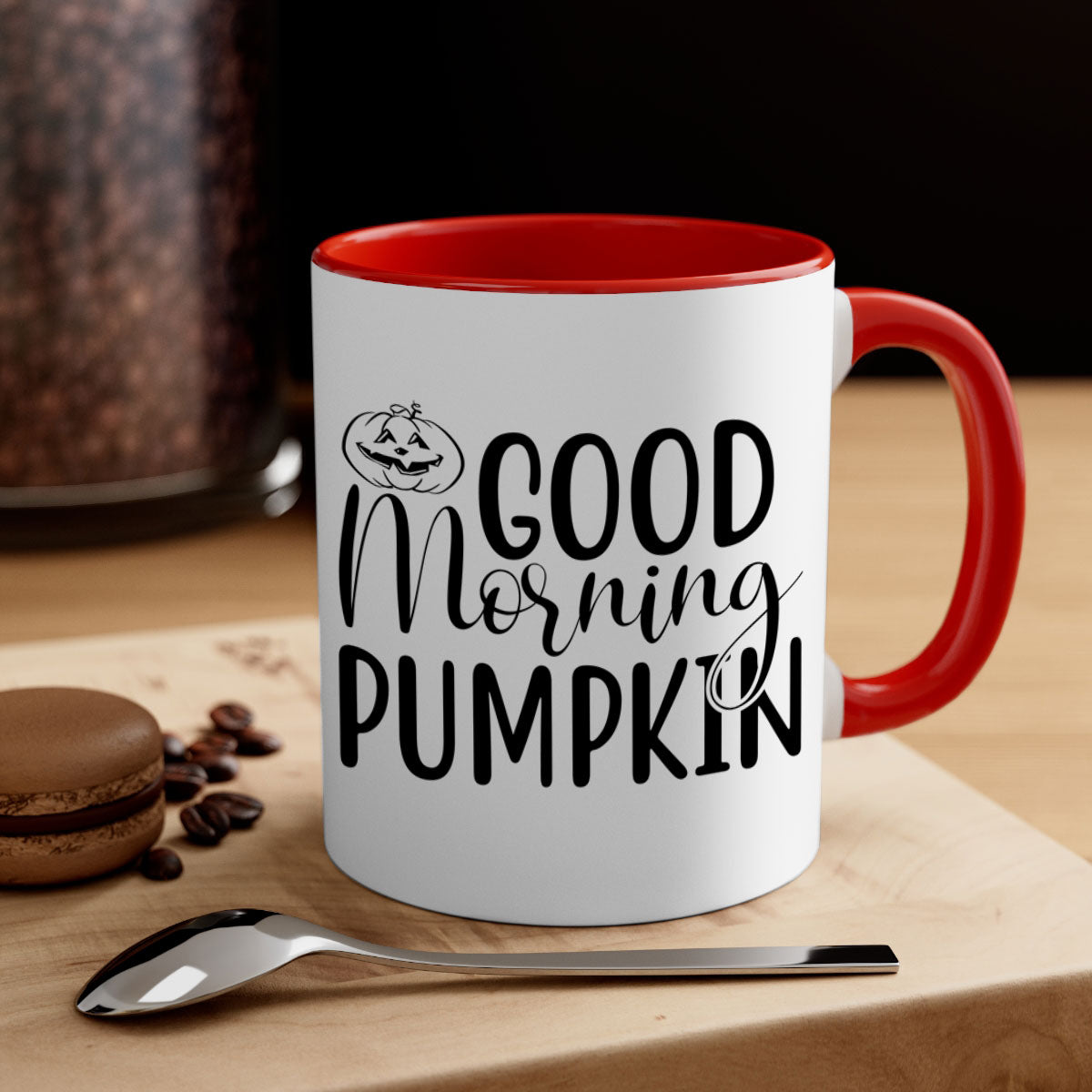 Good Morning Pumpkin 207# Mug with a glossy finish, featuring a colored handle and interior, available in five vibrant colors.