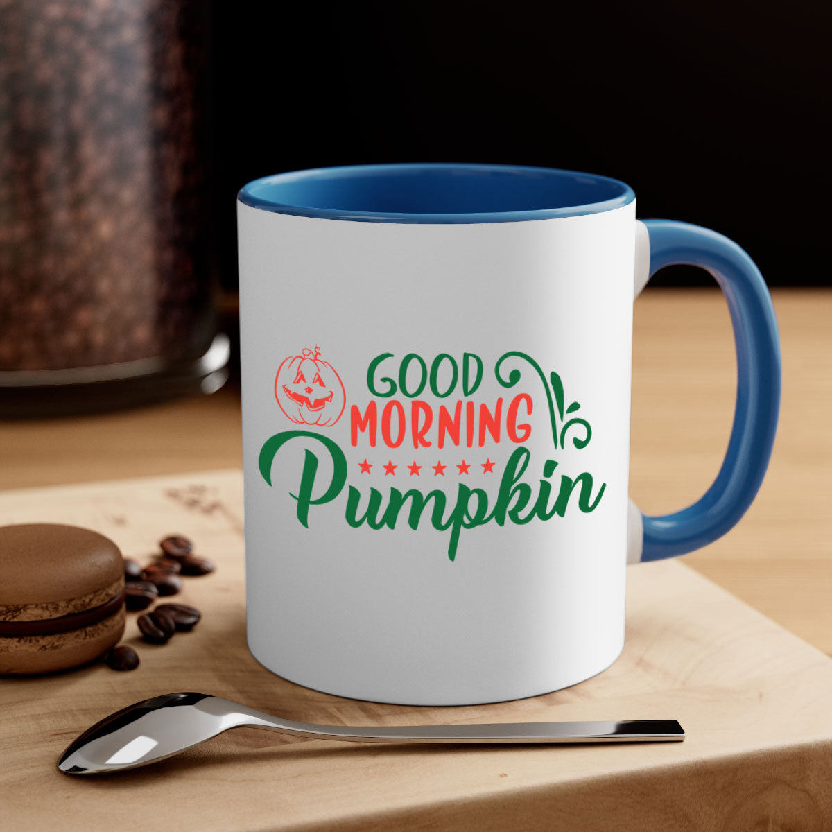Good Morning Pumpkin 208# Mug with colorful handle and glossy finish, available in multiple colors and sizes.