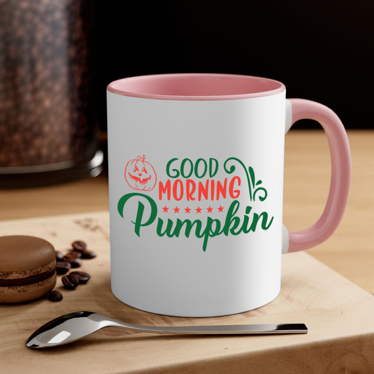 Good Morning Pumpkin 208# Mug with colorful handle and glossy finish, available in multiple colors and sizes.