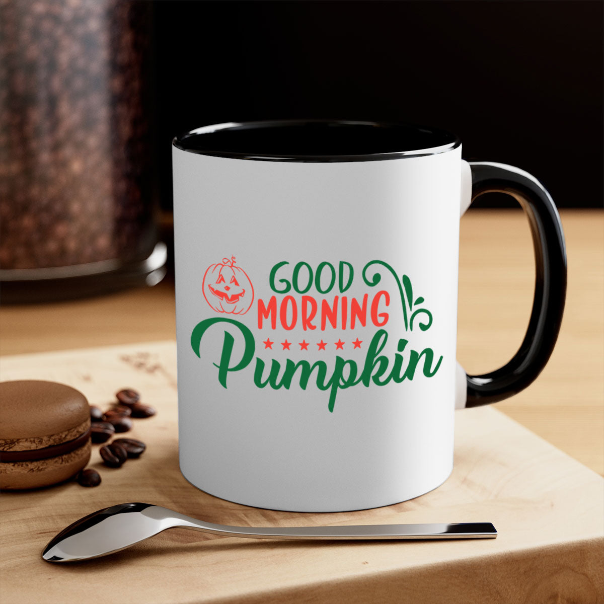 Good Morning Pumpkin 208# Mug with colorful handle and glossy finish, available in multiple colors and sizes.