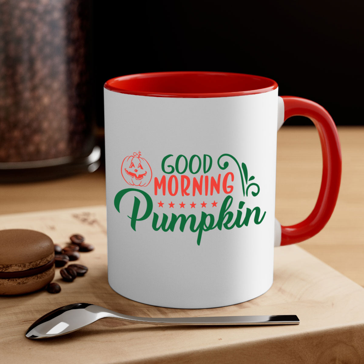 Good Morning Pumpkin 208# Mug with colorful handle and glossy finish, available in multiple colors and sizes.