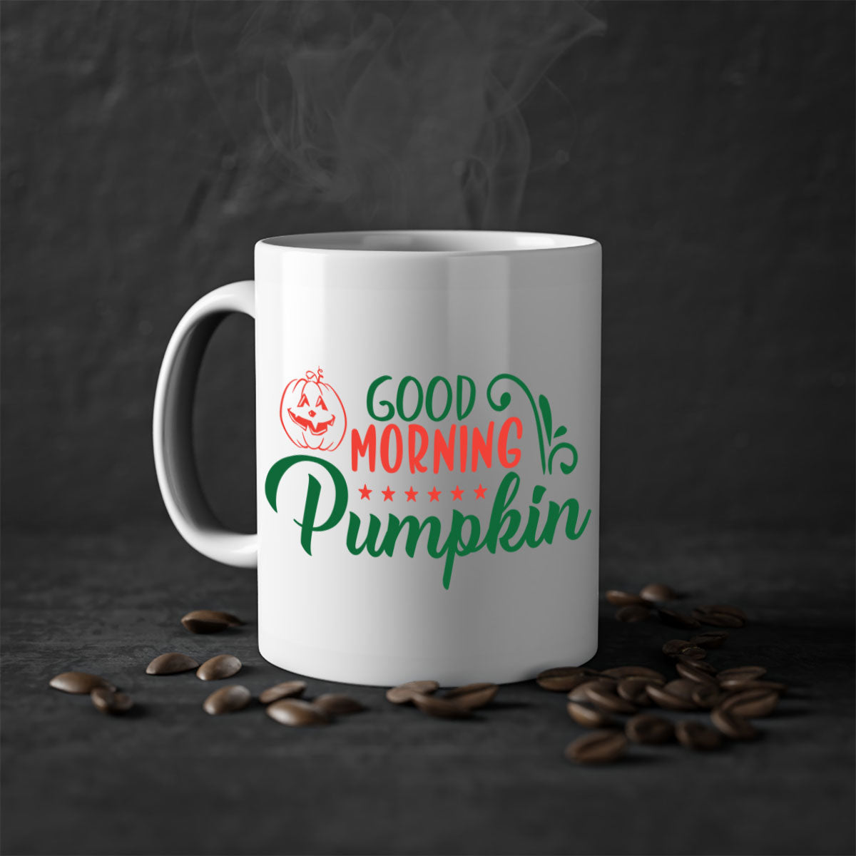 Good Morning Pumpkin 208# Mug with colorful handle and glossy finish, available in multiple colors and sizes.
