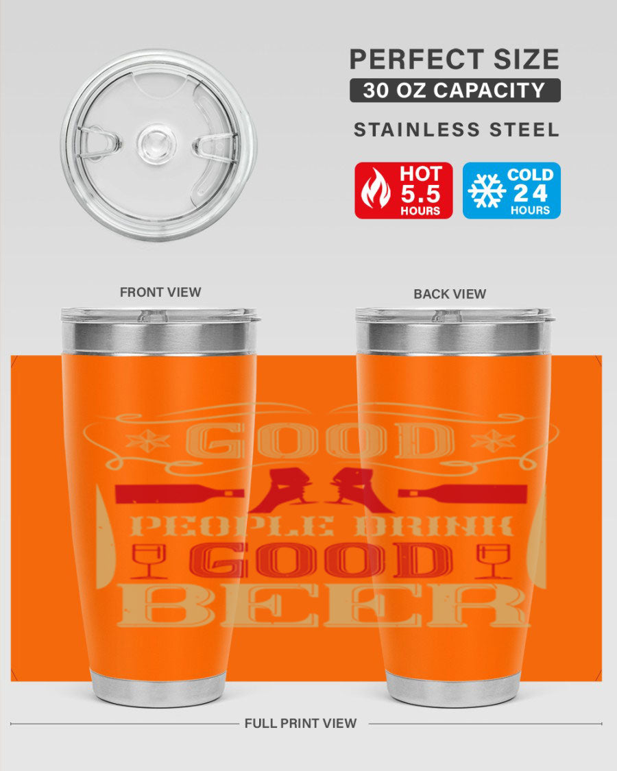 Good People Drink Good Beer 20oz Tumbler in stainless steel with a drink-thru lid, showcasing its sleek design and durability.