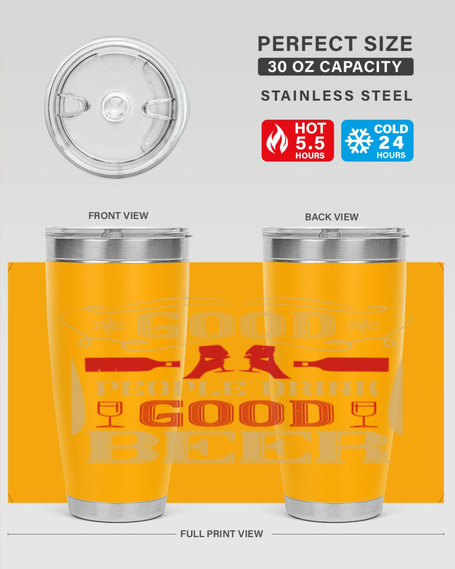 Good People Drink Good Beer 20oz Tumbler in stainless steel with a drink-thru lid, showcasing its sleek design and durability.
