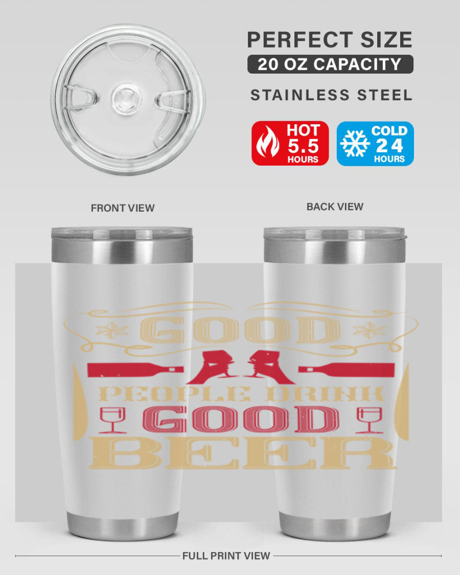 Good People Drink Good Beer 20oz Tumbler in stainless steel with a drink-thru lid, showcasing its sleek design and durability.
