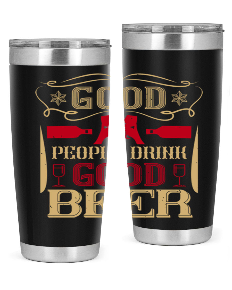Good People Drink Good Beer 20oz Tumbler in stainless steel with a drink-thru lid, showcasing its sleek design and durability.