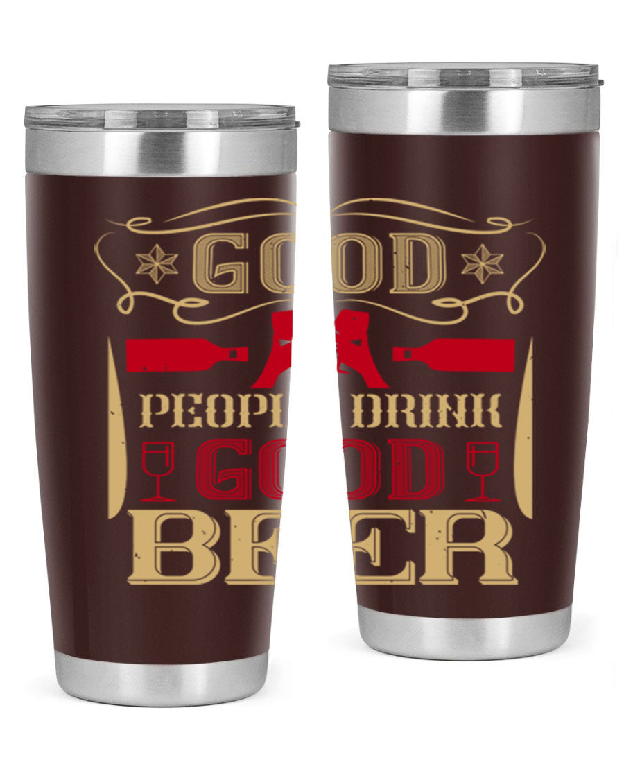 Good People Drink Good Beer 20oz Tumbler in stainless steel with a drink-thru lid, showcasing its sleek design and durability.