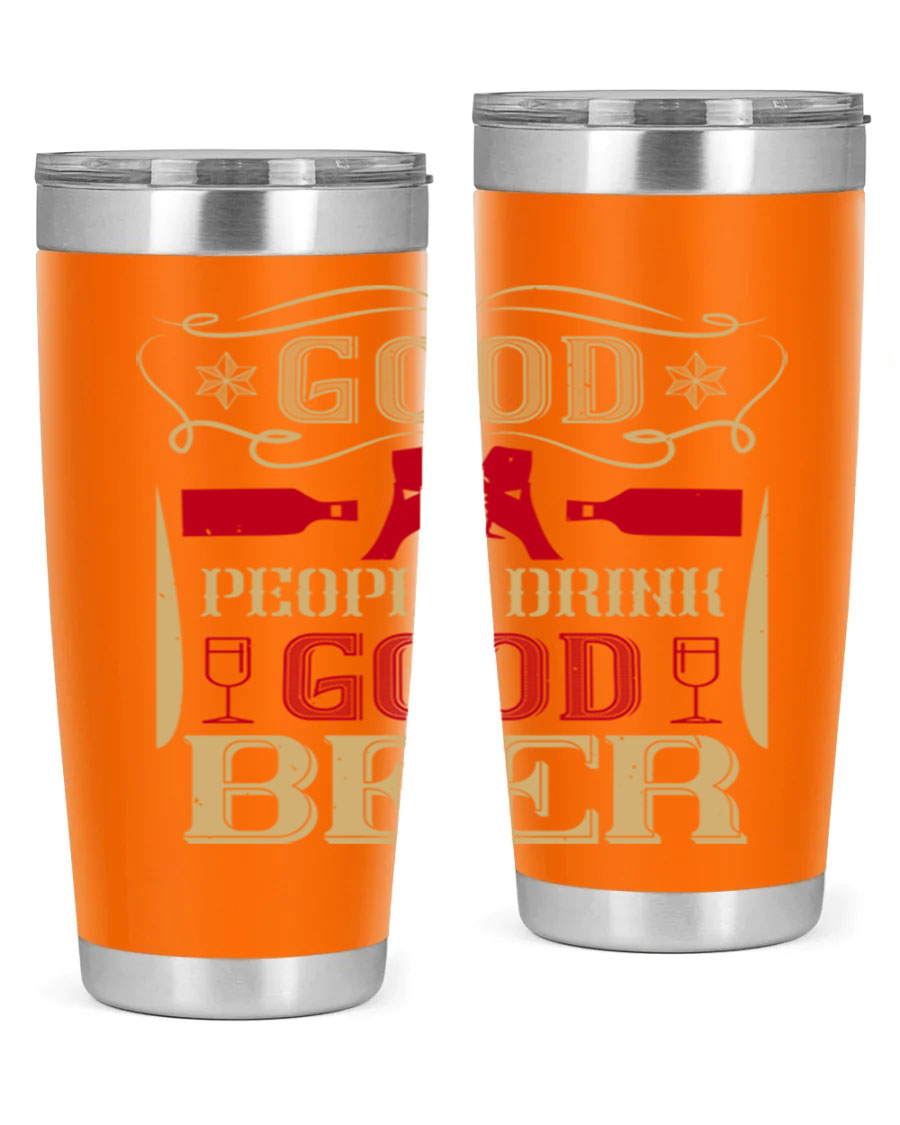 Good People Drink Good Beer 20oz Tumbler in stainless steel with a drink-thru lid, showcasing its sleek design and durability.