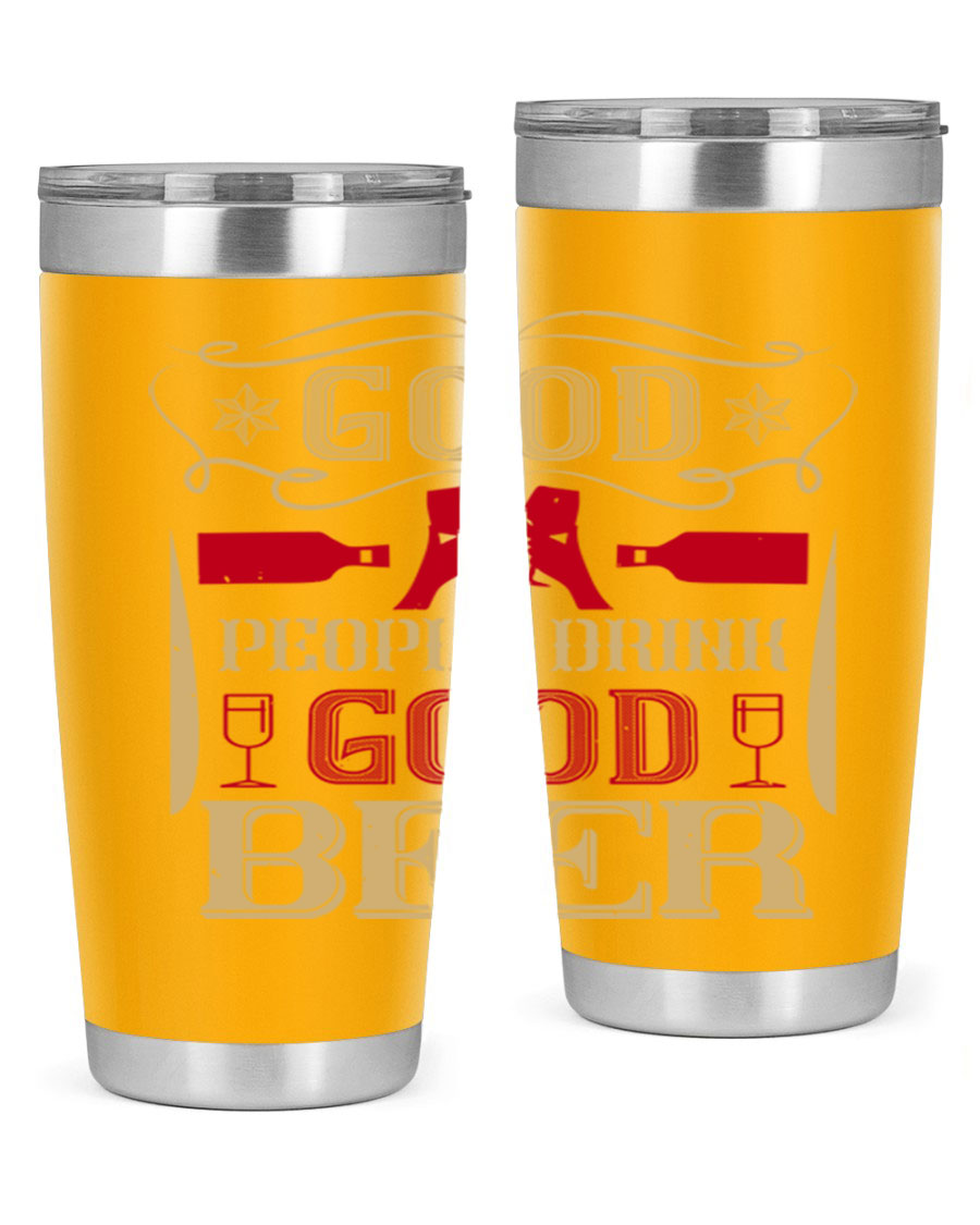 Good People Drink Good Beer 20oz Tumbler in stainless steel with a drink-thru lid, showcasing its sleek design and durability.