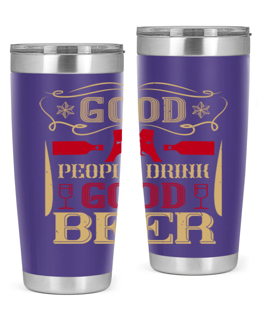 Good People Drink Good Beer 20oz Tumbler in stainless steel with a drink-thru lid, showcasing its sleek design and durability.