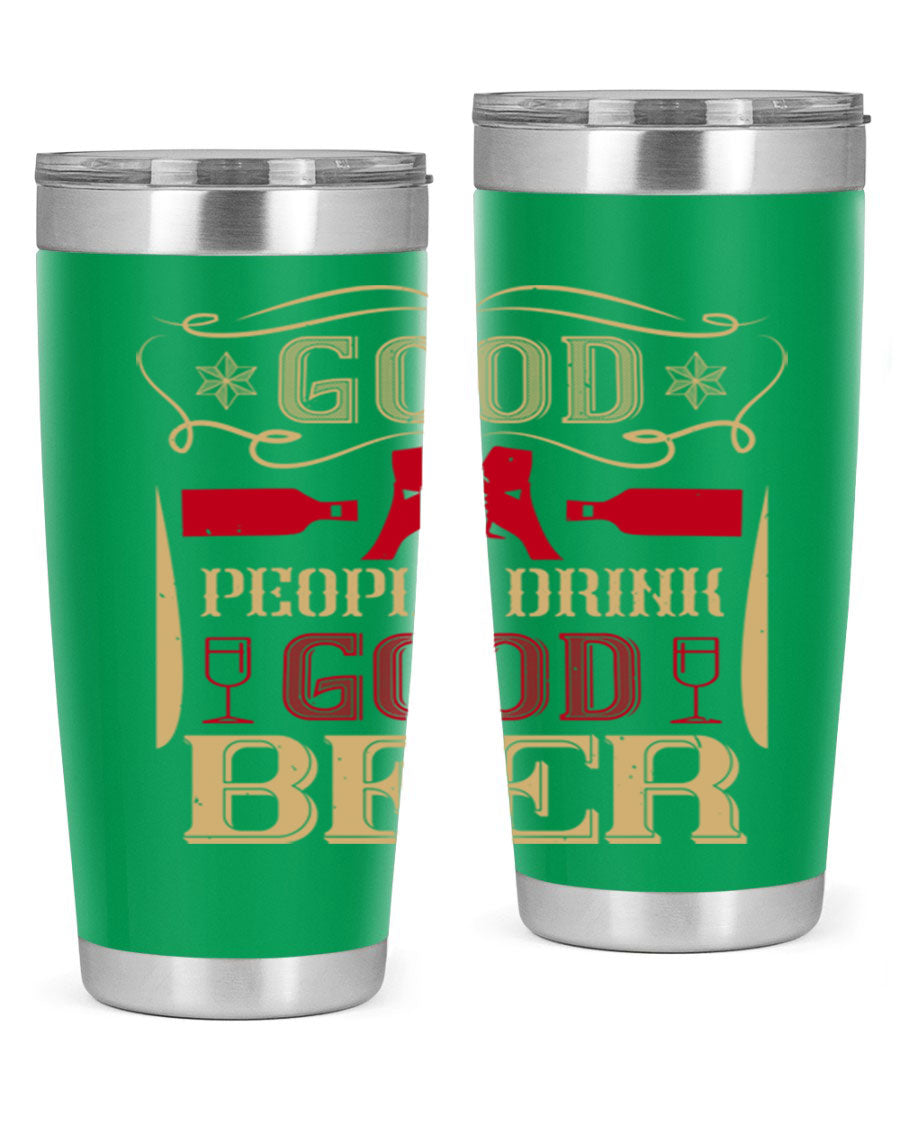 Good People Drink Good Beer 20oz Tumbler in stainless steel with a drink-thru lid, showcasing its sleek design and durability.