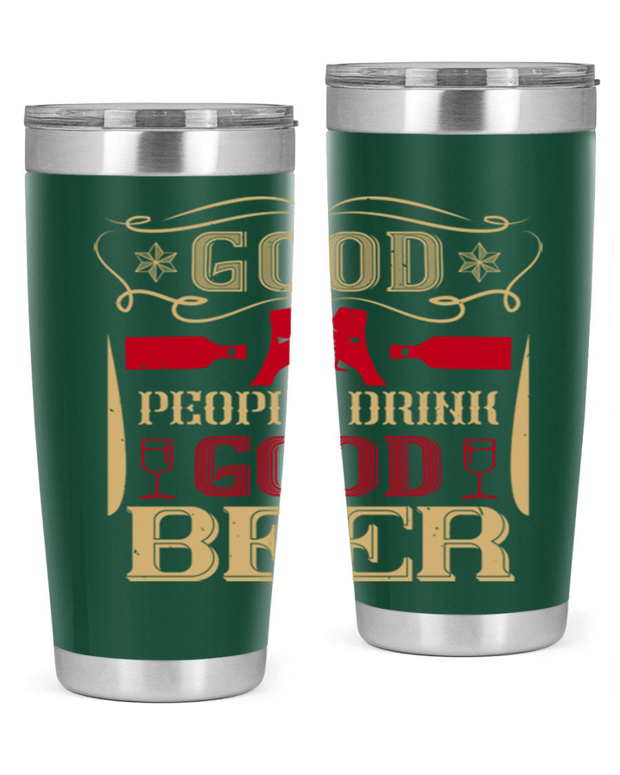 Good People Drink Good Beer 20oz Tumbler in stainless steel with a drink-thru lid, showcasing its sleek design and durability.