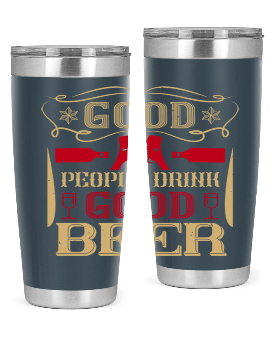 Good People Drink Good Beer 20oz Tumbler in stainless steel with a drink-thru lid, showcasing its sleek design and durability.