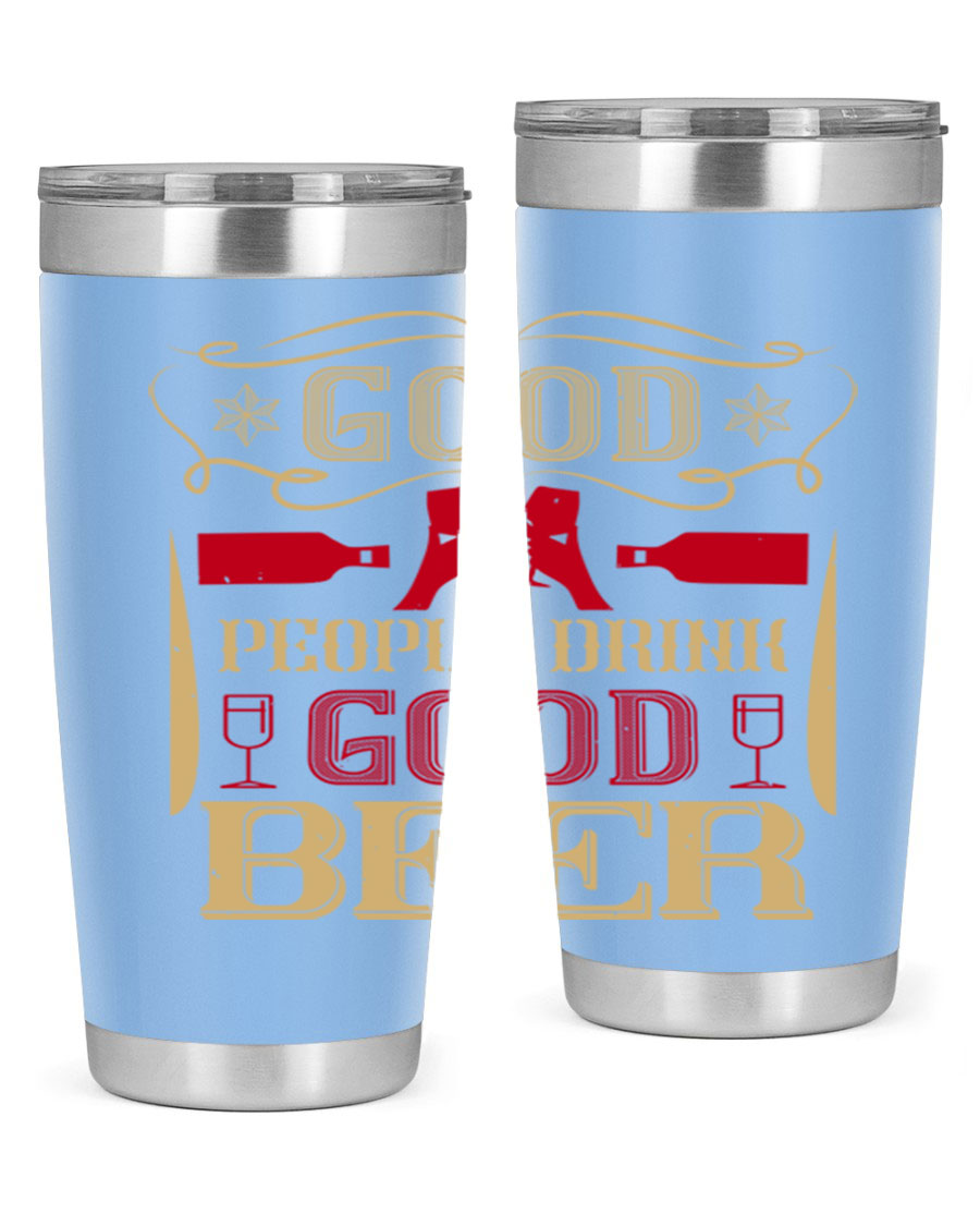 Good People Drink Good Beer 20oz Tumbler in stainless steel with a drink-thru lid, showcasing its sleek design and durability.