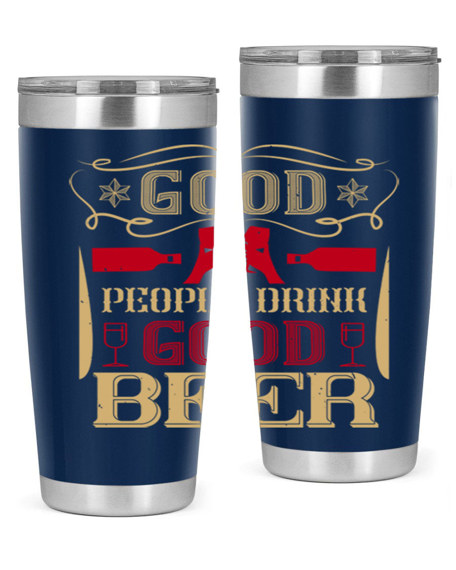Good People Drink Good Beer 20oz Tumbler in stainless steel with a drink-thru lid, showcasing its sleek design and durability.