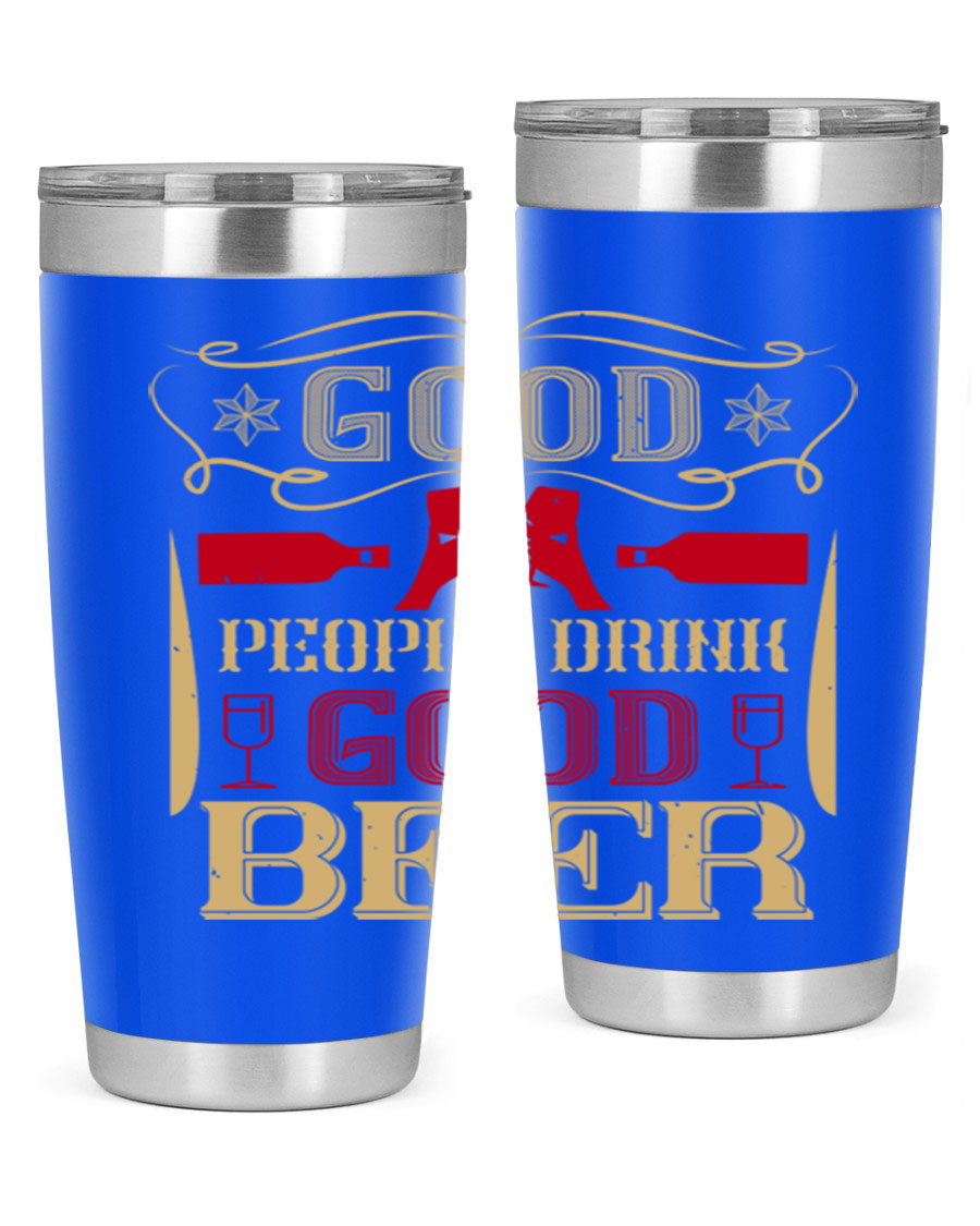 Good People Drink Good Beer 20oz Tumbler in stainless steel with a drink-thru lid, showcasing its sleek design and durability.