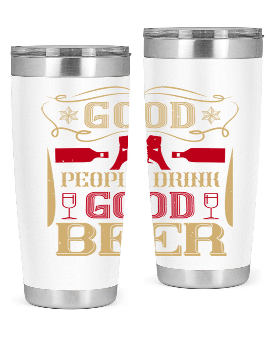 Good People Drink Good Beer 20oz Tumbler in stainless steel with a drink-thru lid, showcasing its sleek design and durability.