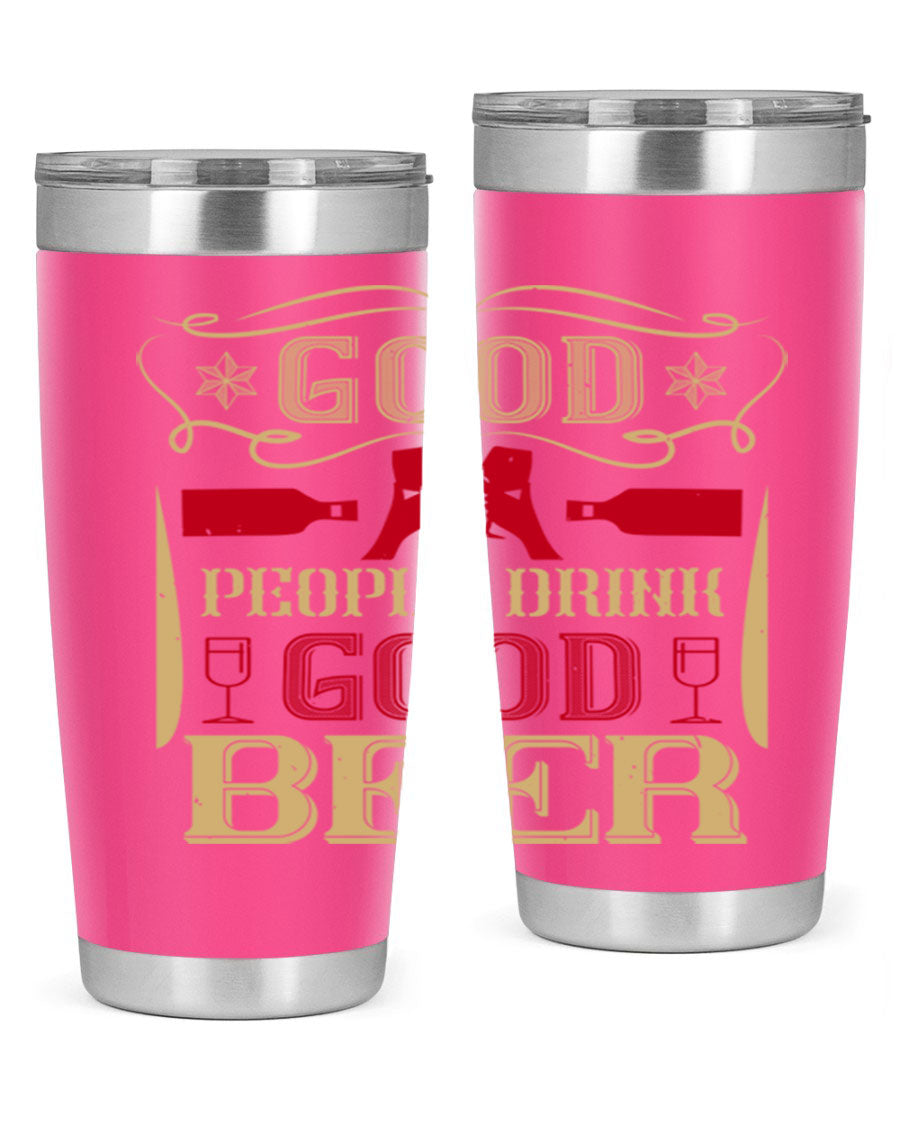 Good People Drink Good Beer 20oz Tumbler in stainless steel with a drink-thru lid, showcasing its sleek design and durability.