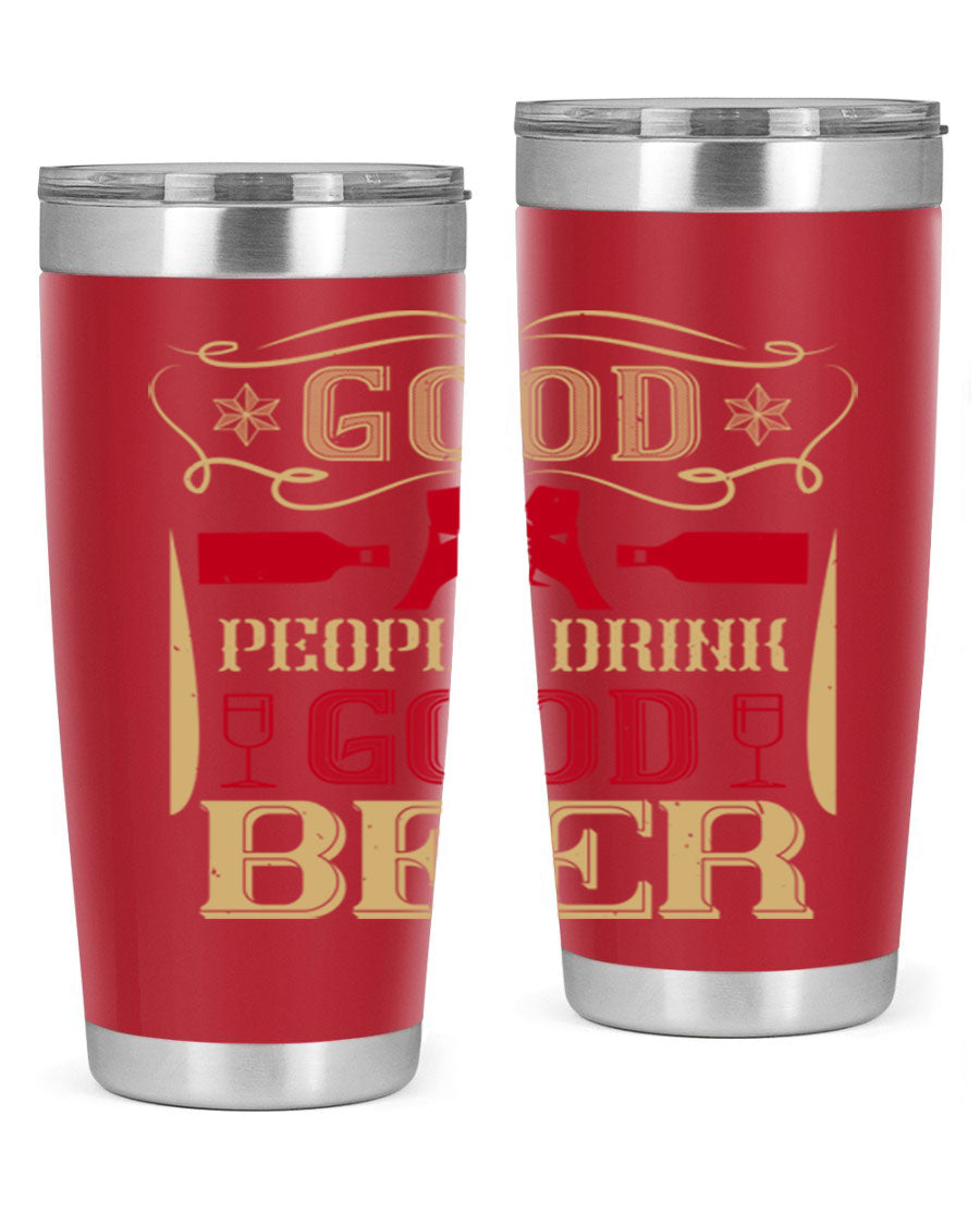 Good People Drink Good Beer 20oz Tumbler in stainless steel with a drink-thru lid, showcasing its sleek design and durability.