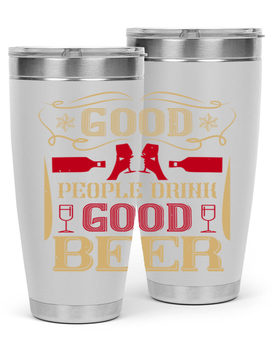 Good People Drink Good Beer 20oz Tumbler in stainless steel with a drink-thru lid, showcasing its sleek design and durability.